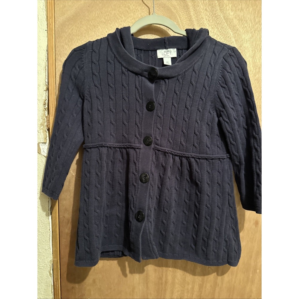 Ann Taylor Loft Cardigan Sweater Medium Petite Navy Blue With A Hood 3/4 Sleeves